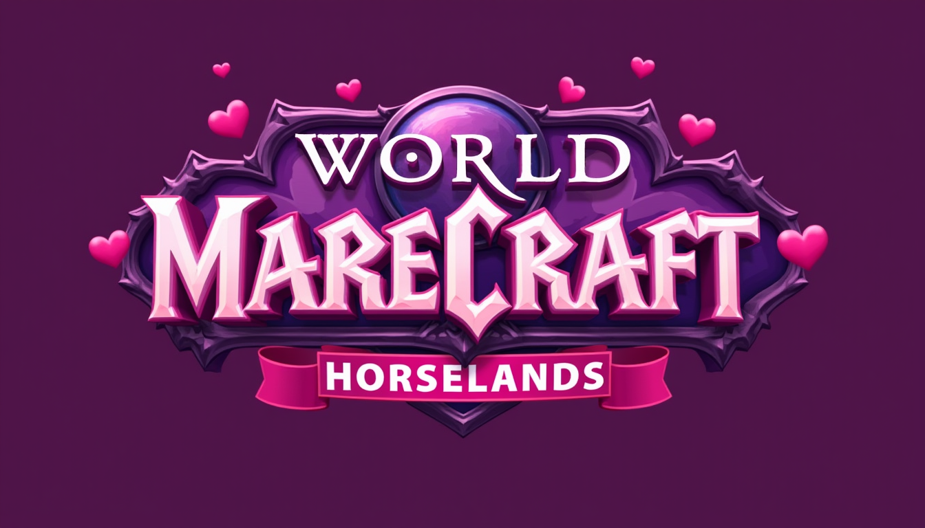 00149-2667983194-World of Warcraft logo. The word _WarCraft_ is replaced with _MareCraft_. The subtitle reads _Horselands_. Pink and purple color.webp